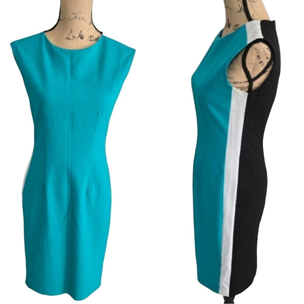 Calvin Klein Black white Aqua Color Block Career Academia Sheath Dress Size 2